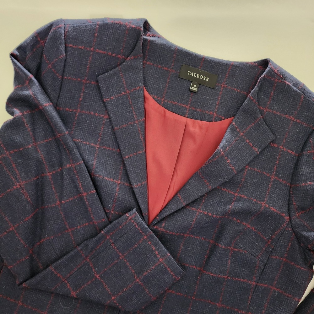 Talbots blue red window pane plaid lined wool blend blazer jacket womens size 12
